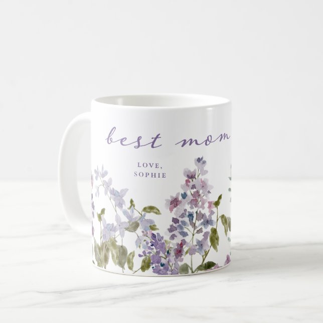 Caneca De Café Melhor Mãe Nunca | Flores Lilás bonito Roxas (Frente Esquerda)