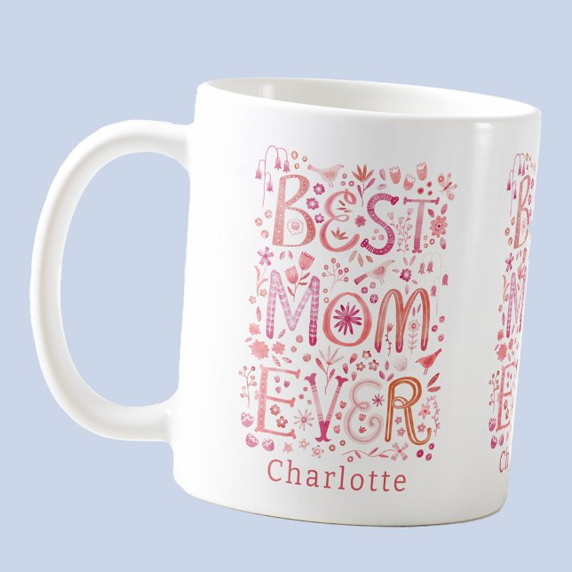 Caneca De Café Melhor Mãe Nunca Personalizada (Best Mom Ever personalized name coffee mug with watercolor hand lettering)