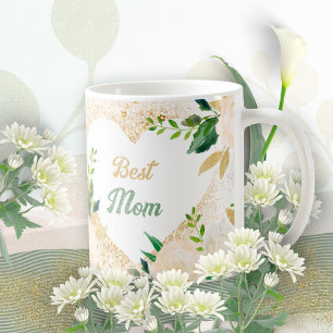 Caneca De Café Melhor Mamãe Dourado Brilho Floral Folhas de Rosa