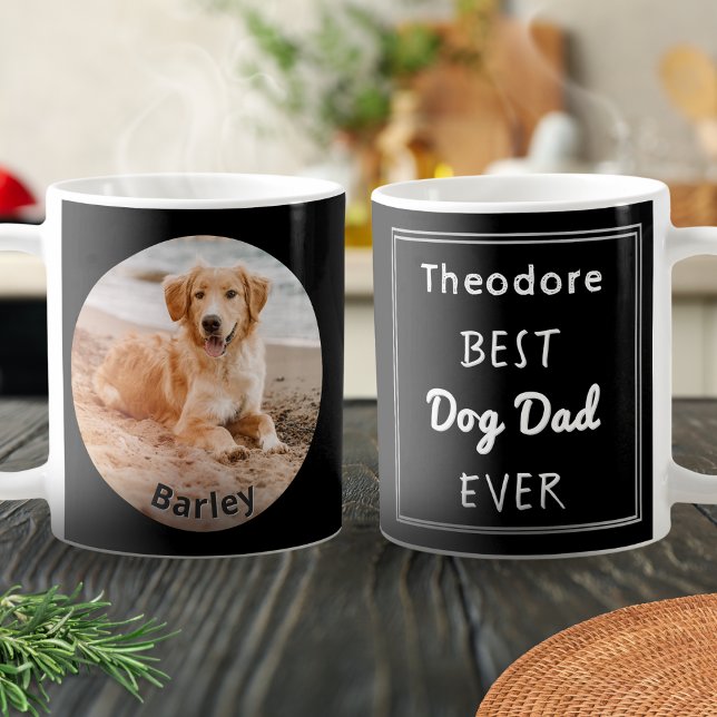 Caneca De Café Melhor Nome de Foto Personalizado de Pet do Pai de (A customizable mug with pet photo and name, and the name of the 'Best Dog Dad Ever')