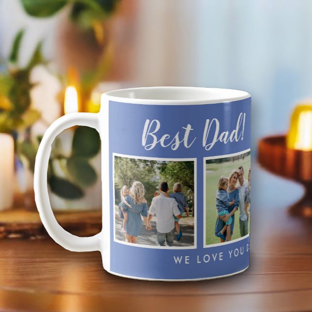 Caneca De Café Melhor Pai! Mensagem de Colagem de Fotos Azul (Best dad script font with 6 family photo slots, along with a custom message for your number 1 Dad.)