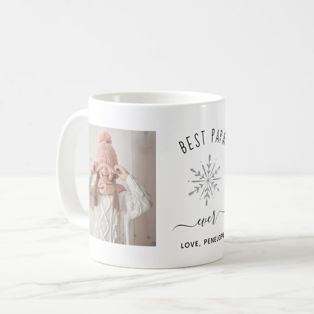 Caneca De Café Melhor Papa Nunca | Dois Flocos de Neve e Prata (Frente Esquerda)