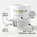 Caneca De Café Melhor Poderoso Padrinho Resultado Da Busca Com Fo<br><div class="desc">Engraçada caneca para padrinhos com o logotipo de "busca de padrinho" e um resultado de busca de solteiro para "Melhor padrinho de sempre" (ou qualquer outro texto),  e com o nome de seu padrinho,  uma foto,  uma mensagem pessoal e uma classificação de 5 estrelas.</div>