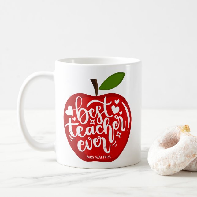 Caneca De Café Melhor Professor de Todos os Tempos Nome Maçã Verm (Com Donut)