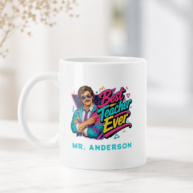 Caneca De Café Melhor Professor de Todos os Tempos! Personalizado (Best Teacher Ever! Custom 80s Retro for Him Name Coffee Mug)