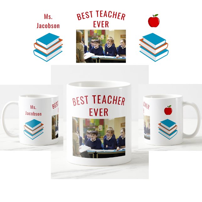 Caneca De Café Melhor Professora Já Deu Nome De Apreciação Do Pro (Best Teacher Ever photo mug. Personalized name. Books. Apple. Modern, cute teacher appreciation mug)