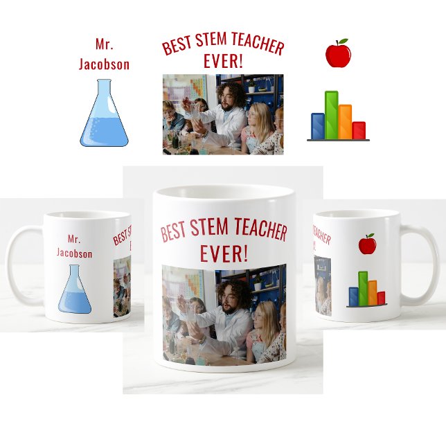 Caneca De Café Melhor Professora STEM, Nome, Foto, Apreciação (Best STEM Teacher Ever photo mug. Name. Beaker. Bar Graph. Apple. Cute teacher appreciation mug)