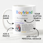 Caneca De Café Melhor Resultado De Pesquisa De Namorado Com Foto<br><div class="desc">Engraçado para seu namorado com o logotipo 'Namorado search' e um resultado de pesquisa de solteiro para "Melhor namorado de sempre", com seu nome namorado, sua mensagem pessoal e uma classificação de 5 estrelas. Se precisar de ajuda para personalizar isto, por favor, envie-me uma mensagem usando o botão abaixo e...</div>