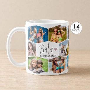 Caneca De Café Melhores Amigas 14 Colagem de Fotos Padrão Hexágon
