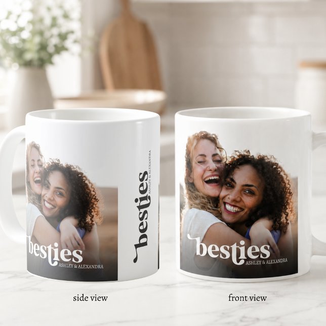 Caneca De Café Melhores Amigas Foto Personalizada (elegant stylish modern typography besties custom photo mug with custom names gift for best friend)