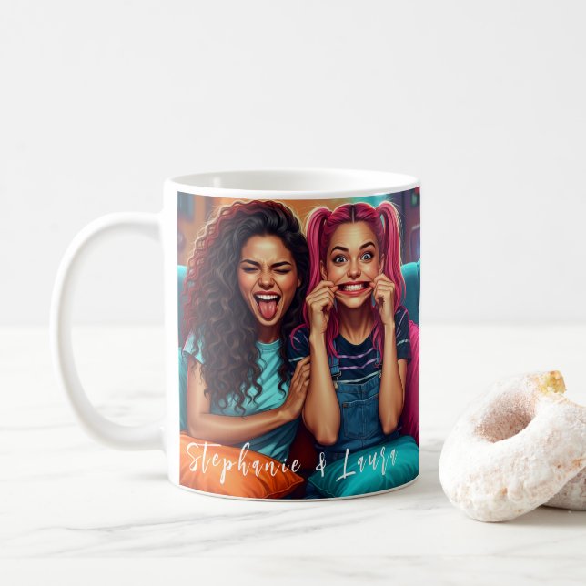Caneca De Café Melhores Amigos Rostos Engraçados & Citação Inspir (Com Donut)