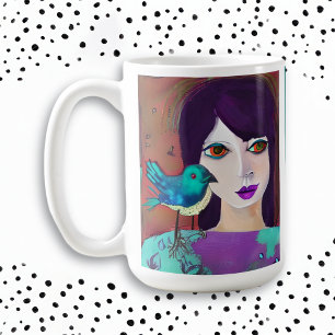 Caneca De Café Menina Abstrata & Passarinho Roxo e Turquesa Perso