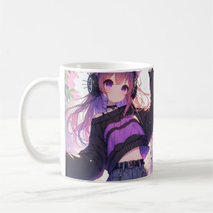Caneca De Café Menina bonito de animação em Fones de ouvido com o