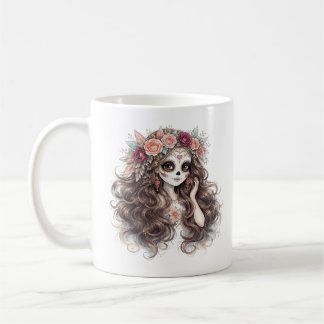 Caneca De Café Menina Caveira Açúcar Floral Arte Fantasia Gótica