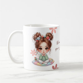 Caneca De Café Menina Chibi Adorável Sentada em Almofada com Cita
