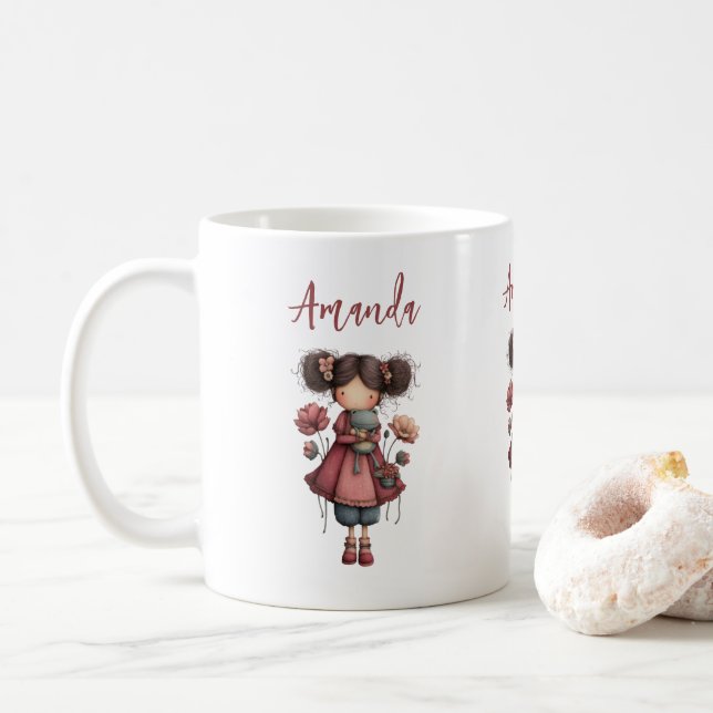 Caneca De Café Menina com Boneca de Sapo Fofo e Caprichoso (Com Donut)