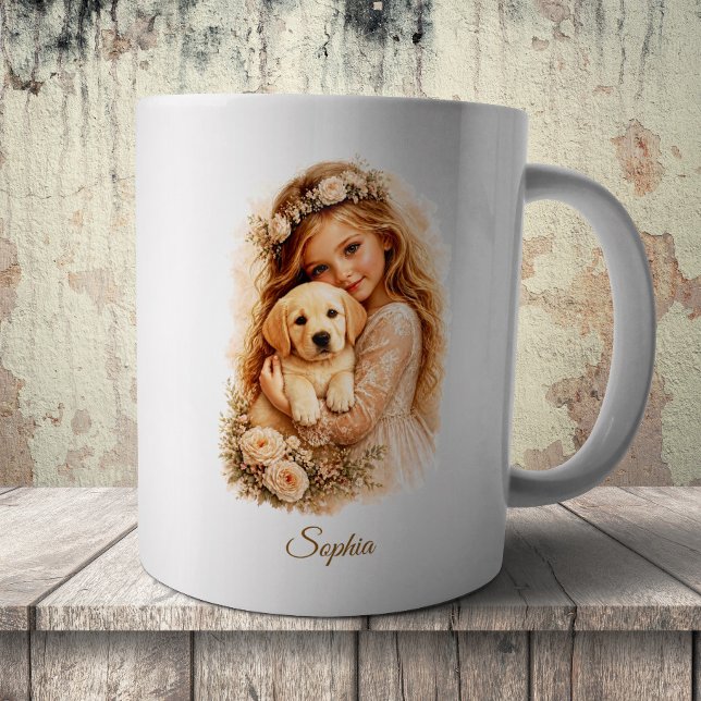 Caneca De Café Menina Com Cachorrinho Labrador (Criador carregado)
