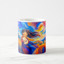 Menina com gato em cores fluidas e ventosas