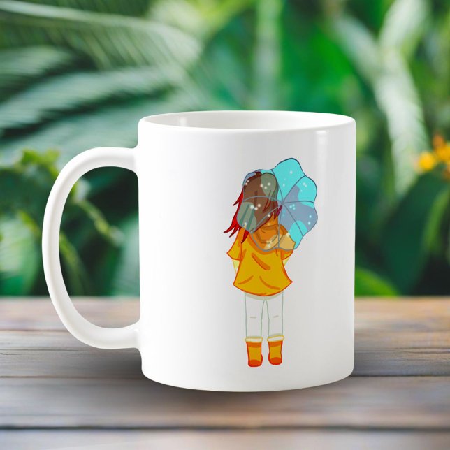 Caneca De Café Menina com Guarda-chuva no Vento Desenho (Criador carregado)