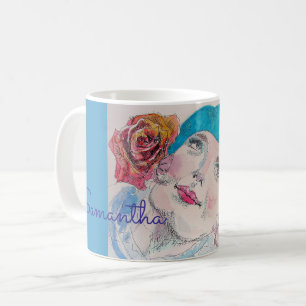 Caneca De Café Menina com Rosa vermelha Beret Watercolor Girls Na