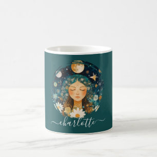Caneca De Café Menina Cósmica Ilustração Personalizada Boho Moon 