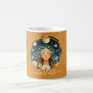 Caneca De Café Menina Cósmica Ilustração Personalizada Boho Moon
