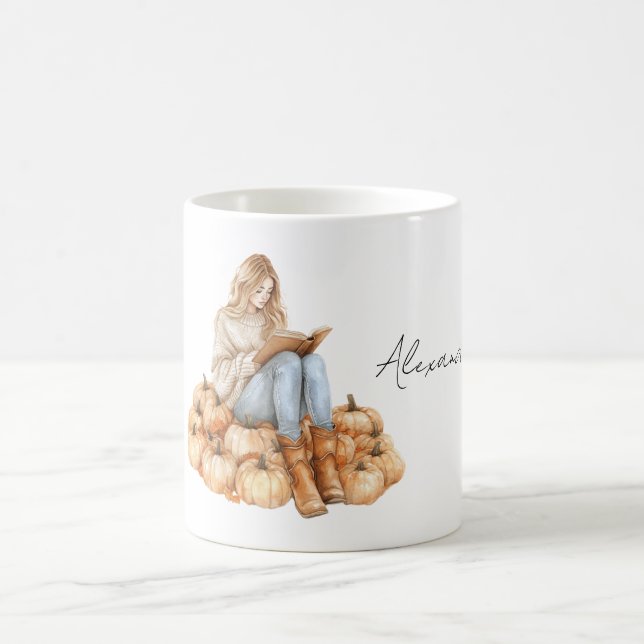 Caneca De Café Menina de Abóboras Laranjas com Livro (Centro)
