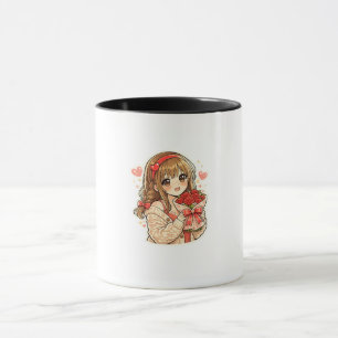 Caneca de Café Menina de Anime Fofa Segurando Rosa