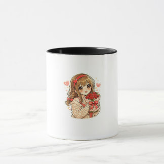 Caneca de Café Menina de Anime Fofa Segurando Rosa