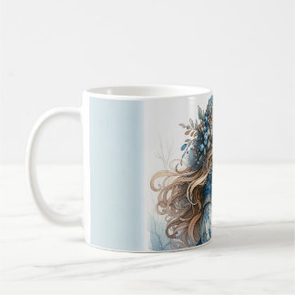 Caneca De Café Menina de Inverno com Pássaro em Casaco Floral Azu