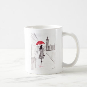 Caneca De Café Menina de Londres com guarda-chuva vermelha