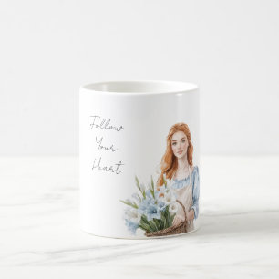 Caneca De Café Menina de Vestido Azul com Flores Brancas Azuis