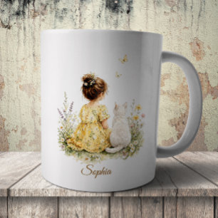 Caneca De Café Menina e Gato Branco