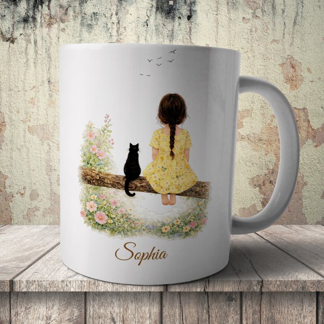 Caneca De Café Menina e Gato Preto no Galho (Criador carregado)