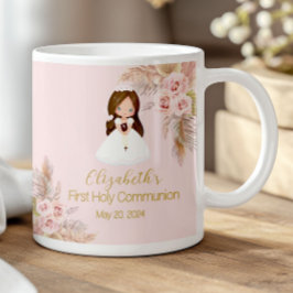 Caneca De Café Menina Elegante Primeira Comunhão Boho Floral Rosa