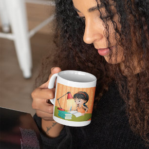 Caneca De Café Menina Estudando na Mesa Fazendo Lição de Casa