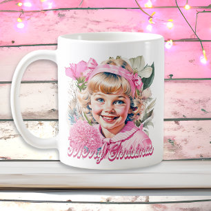 Caneca De Café Menina Floral Rosa Vintage Feliz Natal