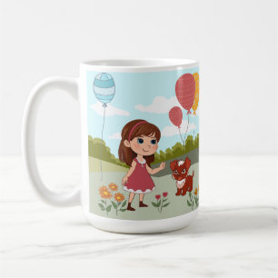 Caneca De Café Menina Fofa com Cachorro e Balões
