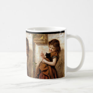 Caneca De Café Menina, gato do gatinho & pássaro - pintura do