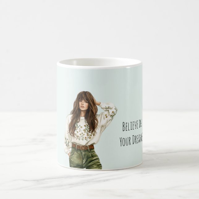 Caneca De Café Menina Jeans Verde Cabelo Castanho Franja (Centro)