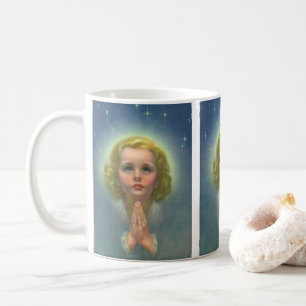 Caneca De Café Menina Loira Angelical com Auréola e Estrelas Reza