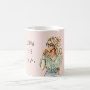 Caneca De Café Menina Loira com Laço de Cetim no Cone de Sorvete