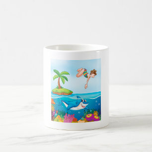 Caneca De Café Menina Mergulhando no Recife de Coral de Tubarão A