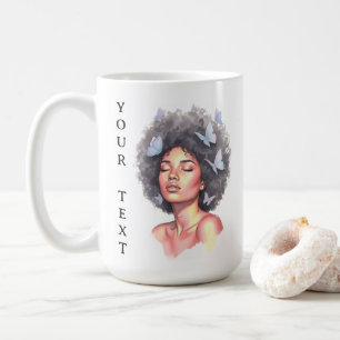 Caneca De Café Menina Negra Borboleta Minimalista Pastel Personal