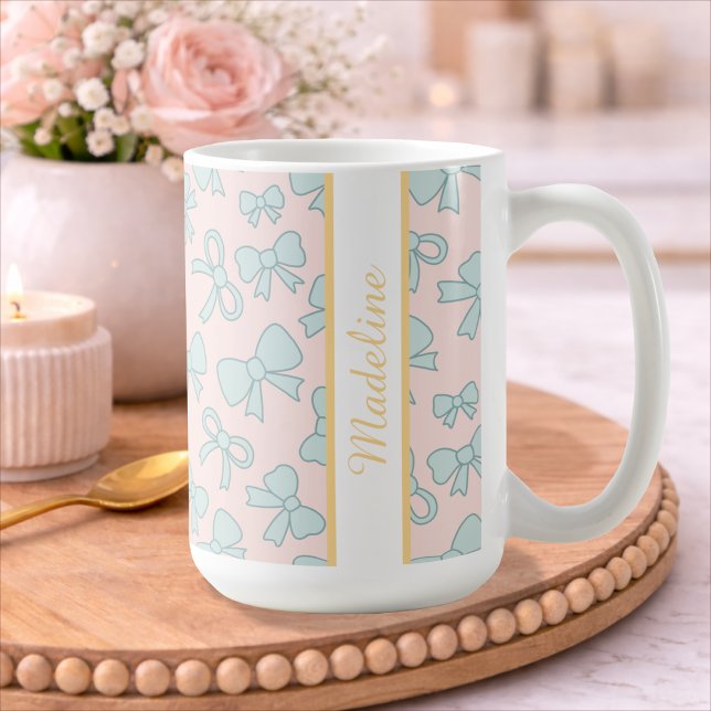 Caneca De Café Menina Personalizada Laço Fofo Nome Azul Rosa (Criador carregado)