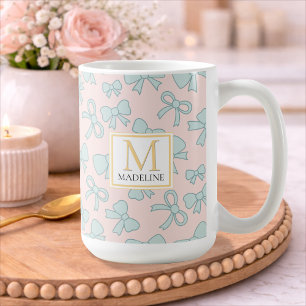 Caneca De Café Menina Personalizada Laço Fofo Nome Azul Rosa