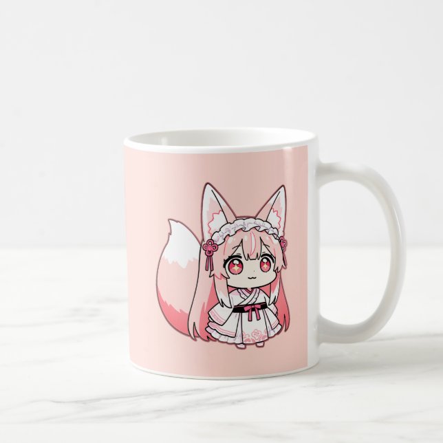 Caneca de Café Menina Raposa Chibi Rosa Pastel (Direita)