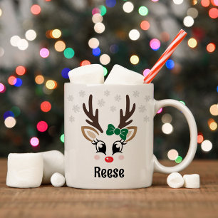Caneca De Café Menina Rena Fofa com Laço Verde e Floco de Neve