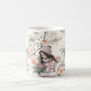 Caneca De Café Menina Romântica de Cabelo Castanho Rosas Florais