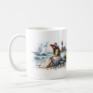 Caneca De Café Menina Romântica em Aquarela pelo Farol